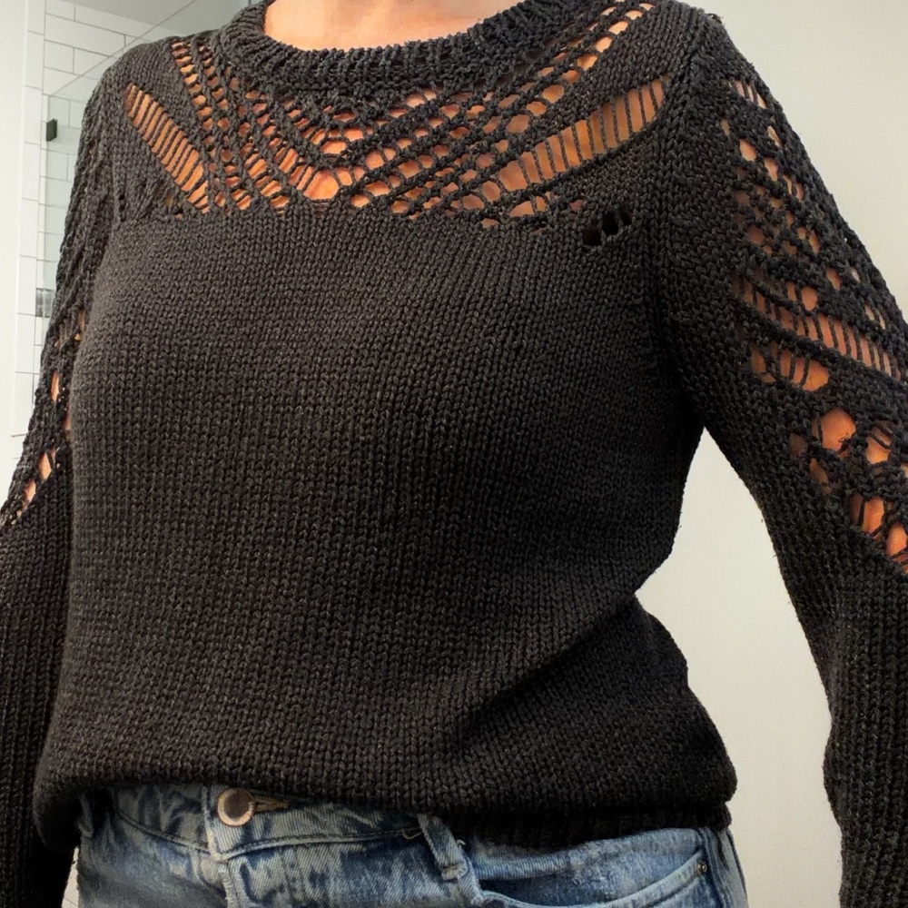 Lucky Brand Black Open-Knit Yoke & Sleeve Crew Sweater